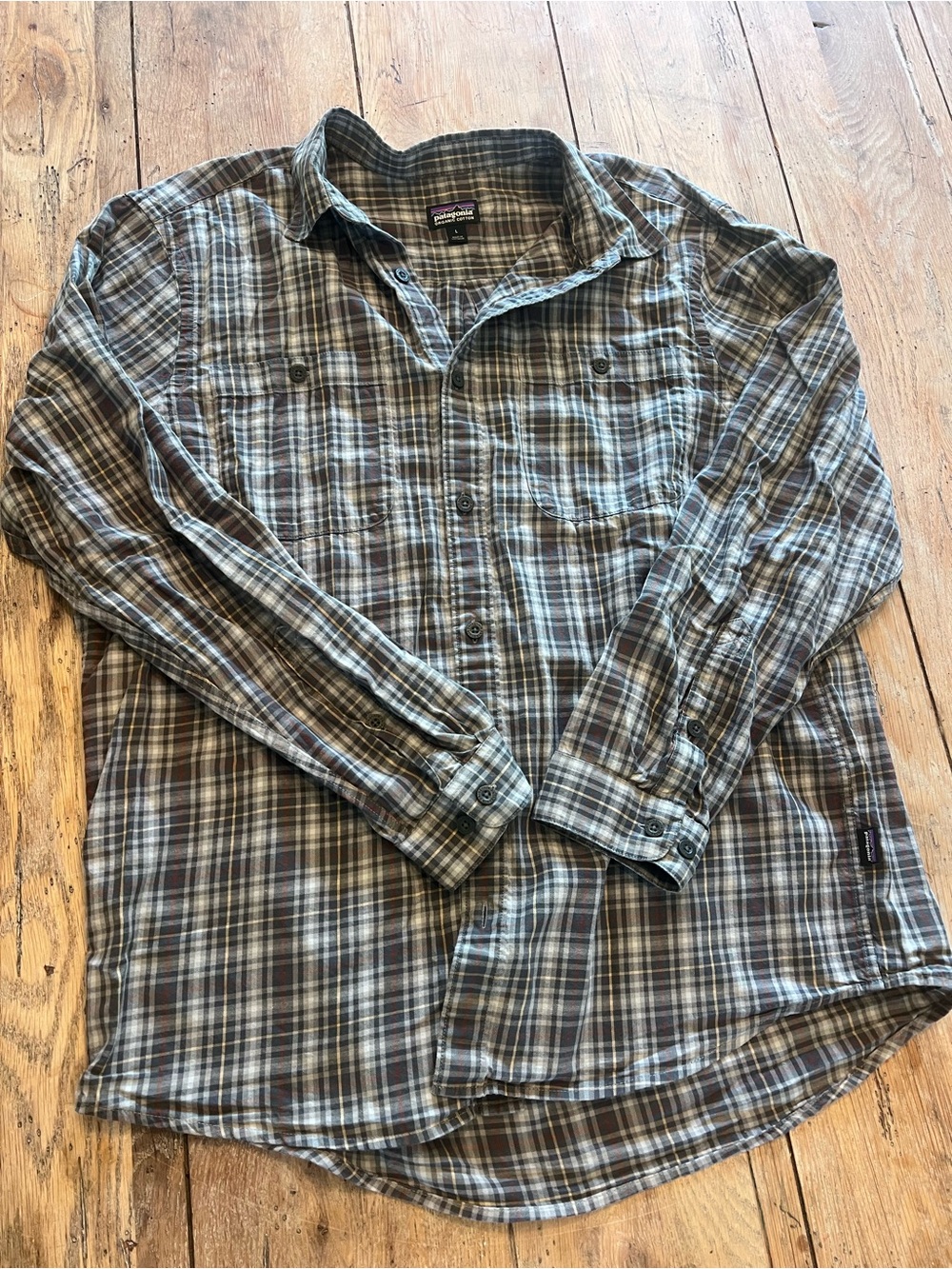 Patagonia Cotton Woven Plaid Button-Up Shirt Gray/Brown/Green L Long Sleeve